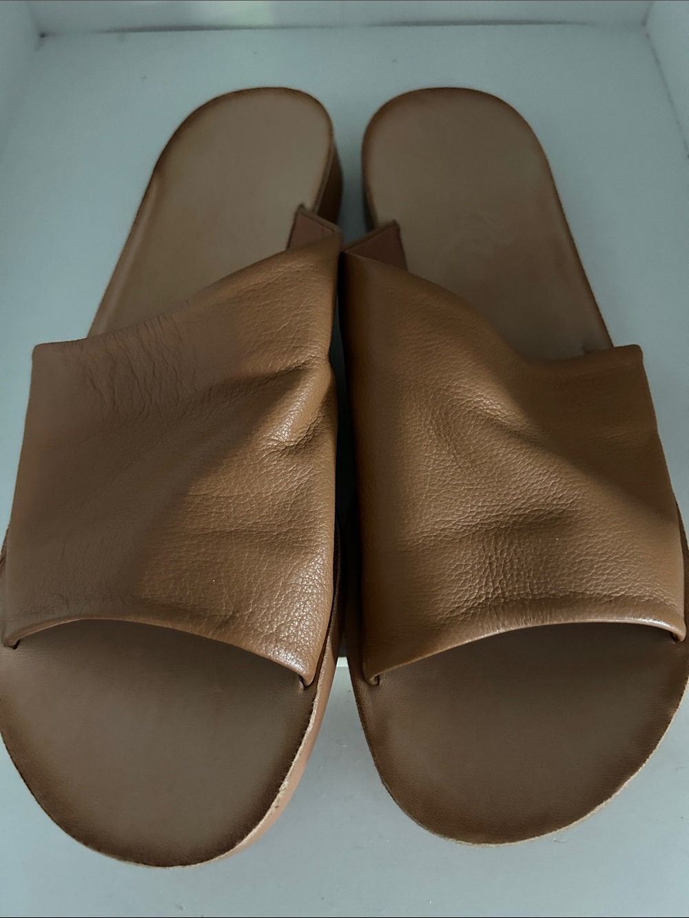 Women's Tan Asymmetric Leather Slides